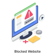 
Isometric illustration of blocked website in editable style 
