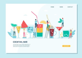 Web page for summer cocktail bar with tiny bartenders flat vector illustration.