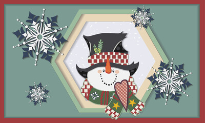 Christmas card design with a snowman in paper cut style for decoration focused on the December times.