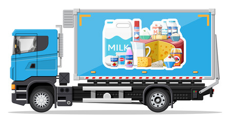 Truck car full of milk products. Shop and farm delivering service. Delivery and selling milk and cheese dairy products concept. Cargo and logistic. Cartoon flat vector illustration