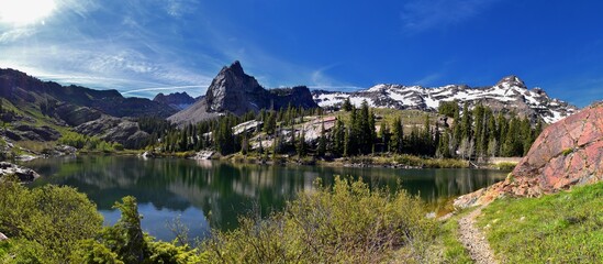 Lake Blanche Hiking Trail panorama views. Wasatch Front Rocky Mountains, Twin Peaks Wilderness,  Wasatch National Forest in Big Cottonwood Canyon in Salt Lake County Utah. United States.