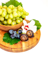 A snail and a bunch of grapes with hibiscus color on a wooden board. White background.