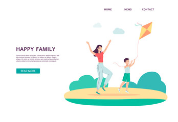 Mother and son playing with a kite - vector landing page template.