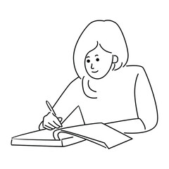 Girl studying, line art illustration