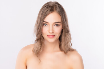 Fototapeta premium Beautiful Young Woman With Clean Fresh Skin on white background, Face care, Facial treatment. Cosmetology, beauty and spa. women portrait.