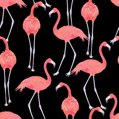 Vector with watercolor effect illustration of pink flamingo bird seamless pattern.
