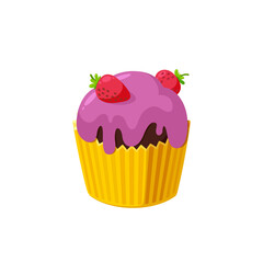 Cupcake with strawberry and pink icing. Fairy cake in paper cup. Tasty dessert with colored frosting. Vector illustration in cute cartoon style