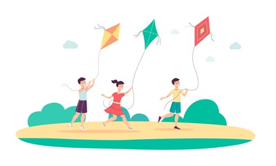 Children characters launching a kite in park flat vector illustration isolated.