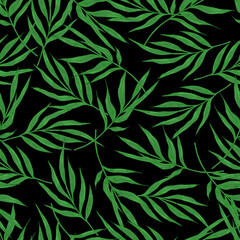 Seamless green bamboo leaves pattern. Natural simple background on white. Hand drawn leaves vector pattern.	