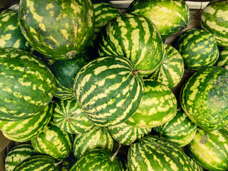 Common watermelons (lat. Citrullus lanatus), ripe, green, striped, lie on top of each other for sale in the supermarket.