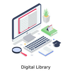 
Magnifier with computer depicting digital library 
