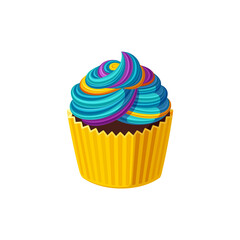 Rainbow cupcake with colorful icing. Swirled cream. Tasty dessert with blue rainbow frosting. Vector illustration in cute cartoon style