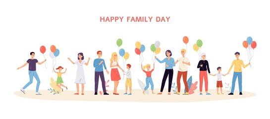 Family day banner with smiling people holding balloons flat vector illustration.