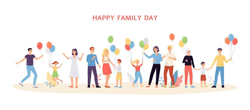 Family day banner with smiling people holding balloons flat vector illustration.