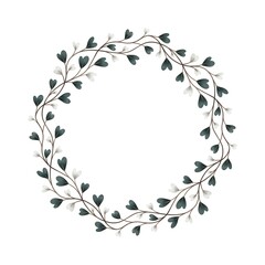 Watercolor digital illustration. Botanical wreath of green branches and leaves with flowers and polka dots. Floral Design elements.
