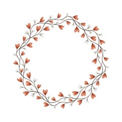 Watercolor digital illustration. Botanical wreath of green branches and leaves with flowers and polka dots. Floral Design elements.
