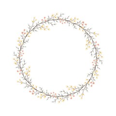 Watercolor digital illustration. Botanical wreath of green branches and leaves with flowers and polka dots. Floral Design elements.