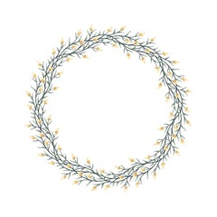 Watercolor digital illustration. Botanical wreath of green branches and leaves with flowers and polka dots. Floral Design elements.