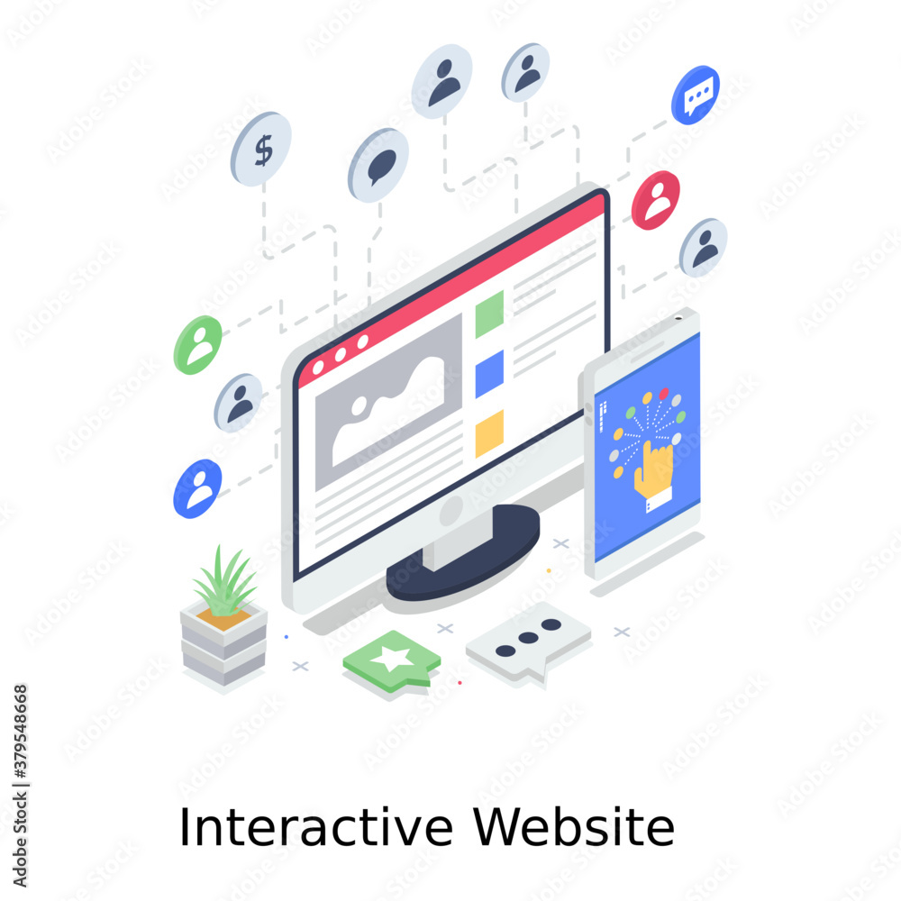Poster a design of interactive website in trendy isometric style