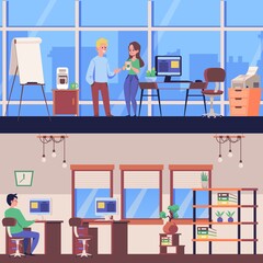 Background with people working in office interior flat vector illustration.