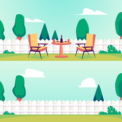 Set of summer backyard backgrounds without people, flat vector illustration.