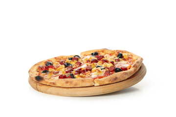 Board with pizza isolated on white background