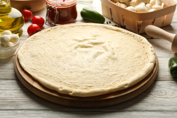 Ingredients for cooking pizza on wooden background