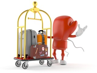 Boxing glove character with hotel luggage cart