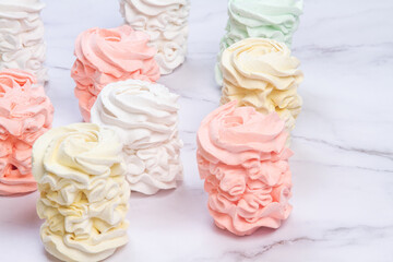 Flat lay with a home-made marshmallows (zephyr, meringue) made with apple and mint, sweet, airy, on...