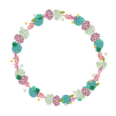 Abstract round frame made of flowers, corals and branches. Marine plants. Vector wreath.