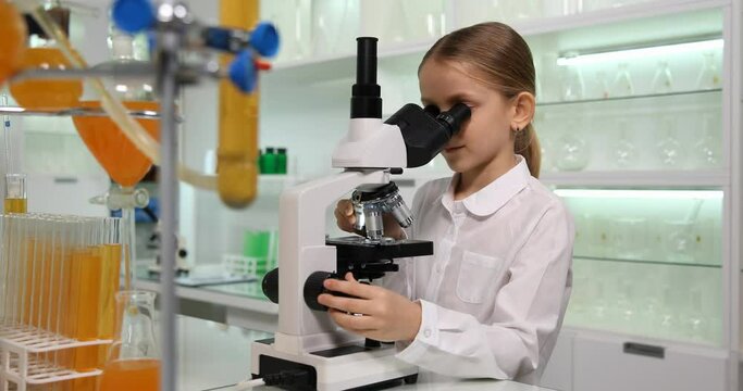 Kid Learning Using Microscope in School Chemistry Lab, Student Child Studying in Laboratory, Girl Experiments in Science Classroom