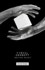 Two hands made of triangles holding a cube isolated on black background. Black and white 3d illustration. Element for conceptual design, layout, banner. Vertical option