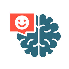 Brain with happy face in chat bubble colored icon. Healthy internal organ, the main organ of the central nervous system