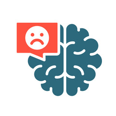 Brain with sad face in chat bubble colored icon. Diseased internal organ, the main organ of the central nervous system illness symbol