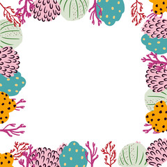 Abstract frame made of flowers, corals and branches. Marine plants. Vector illustration.