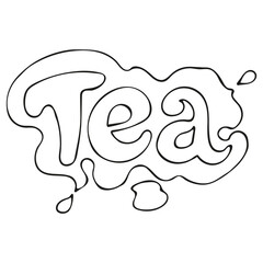 Tea word logo with line. Silhouette, spot, blot of spilled tea. Vector.