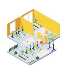 Fitness gym interior isometric illustration. Lighted room with cardio equipment sun loungers barbells comfortable yoga cots trestle beds relaxing with towel active healthy lifestyle. Vector concept.