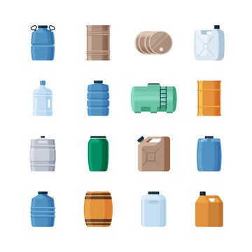 Various containers liquid set. Wooden barrels for storing wine production iron barrels storing gasoline oil green canister blue dense plastic bottles large volumes drinking water. Vector style.