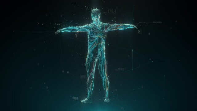 Biometric scan of human body with data and Infographics. Medical diagnostics concept. Identification technology