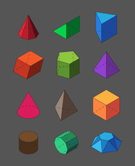Geometric shapes isometric set. Pyramidal red polygons orange squares and rectangles polyhedral diamond crystals purple triangles and cylinders trendy spherical octahedrons. Vector element.