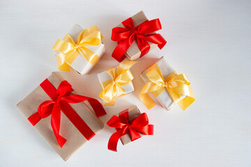 A large number of Christmas gifts on a white background. Copy space for text.