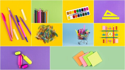 Collage photos of various stationery on background of multicolored paper. Back to school and education concept. Top view, flat lay stationery with copy space