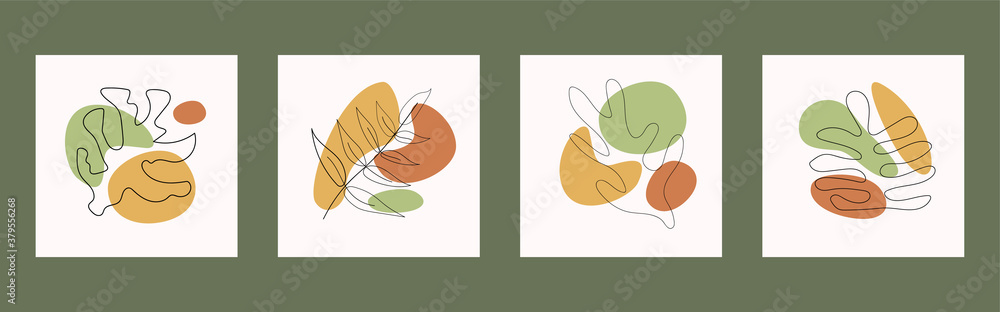 Poster vector set of posters with abstract geometric shapes and linear leaves. creative trendy hand drawn d