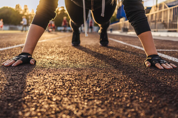 Young athletic woman doing plank exercise on running track. Sunset light on background, beautiful perspective. photo without face.