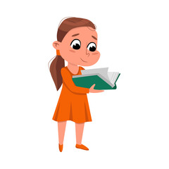 Brunette Girl Reading Book while Standing, Adorable Preschooler Kid or Elementary School Student Enjoying Literature Cartoon Style Vector Illustration