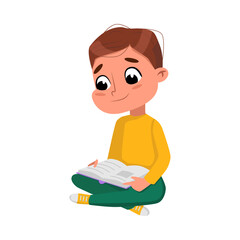 Cute Boy Sitting on Floor with Crossed Legs and Reading Book, Preschooler Kid or Elementary School Student Enjoying Literature Cartoon Style Vector Illustration