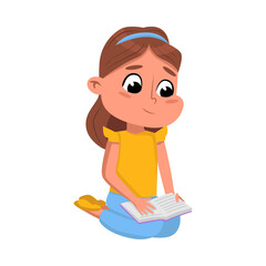 Cute Girl Sitting on Floor Reading Book, Lovely Preschooler Kid or Elementary School Student Enjoying Literature Cartoon Style Vector Illustration