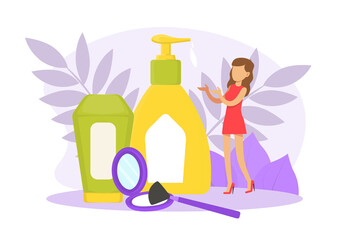 Tiny Woman with Huge Cosmetic Bottles and Visagiste Accessories, Skin Care and Facial Treatment Concept Cartoon Vector Illustration