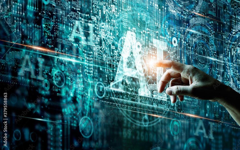 Poster Artificial intelligence and Big data concept, Abstract Hand of human touching AI and machine learning on circuit board and binary data digital background, IoT, Technology and innovative.