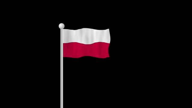 Polish Flag on flagpole waving in the wind with black background. Alpha Matte ,Alpha channel effect.